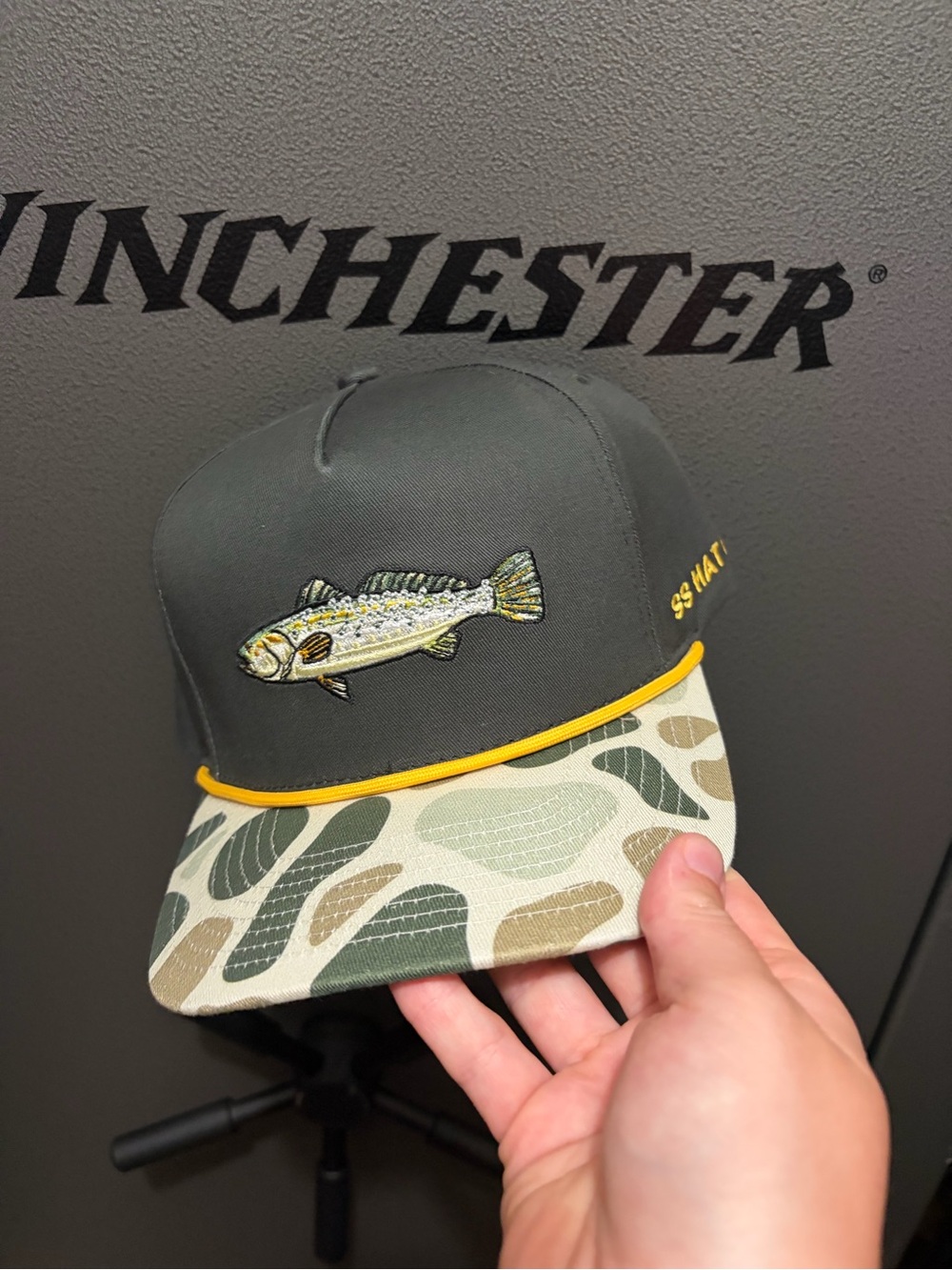 Southern String Fish Embroidered Snapback Hat in Olive with Camo Brim